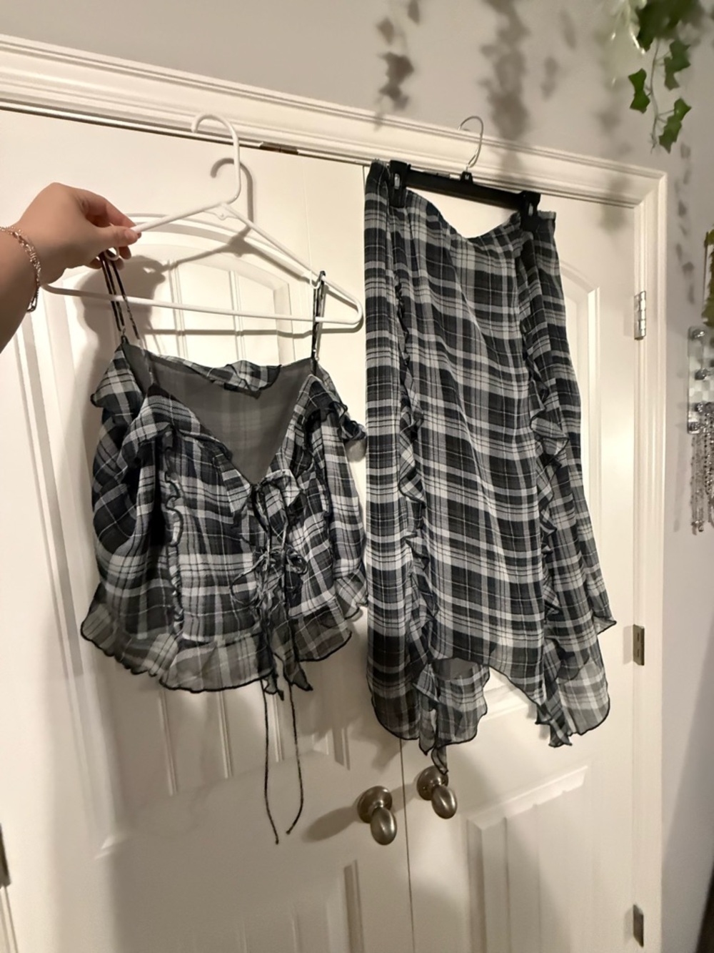 American Eagle Outfitters Black & White Plaid Ruffle Camisole and Skirt Set